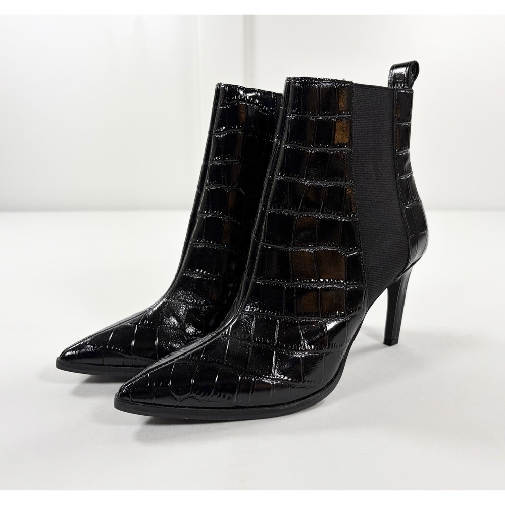 42 GOLD Kensington Chelsea Boots Women 6 Black Croc Embossed Patent Leather NEW